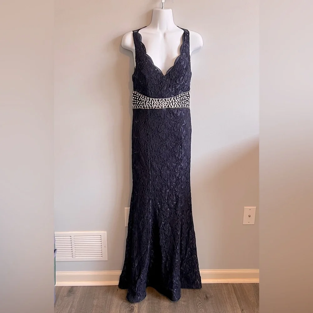 My Michelle 3 Navy Embellished Lace Long Prom Mermaid Dress
